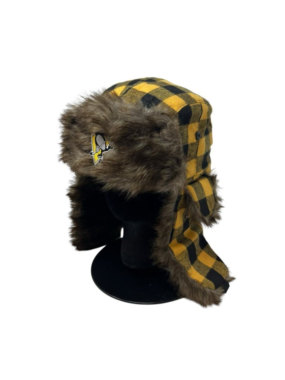 Pittsburgh Penguins Hockey Fights Cancer Trapper Hat Cap Faux Fur SGA 2023 Plaid